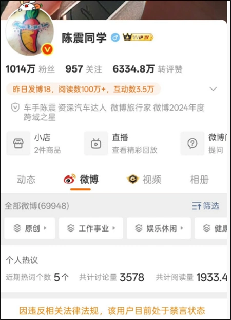 知名车评人陈震被多平台禁言_知名车评人陈震微博禁言_陈震抖音账号被封