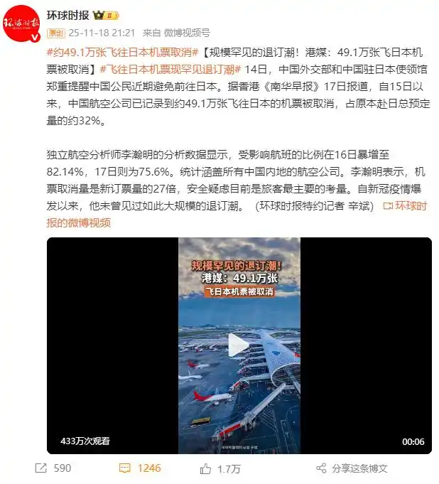 中国航空公司取消赴日机票_疫情影响_退改签政策_中国旅游团体取消赴日旅游团_外交部提醒_旅行社冻结订单_赴日机票订单取消量是新预订量27倍