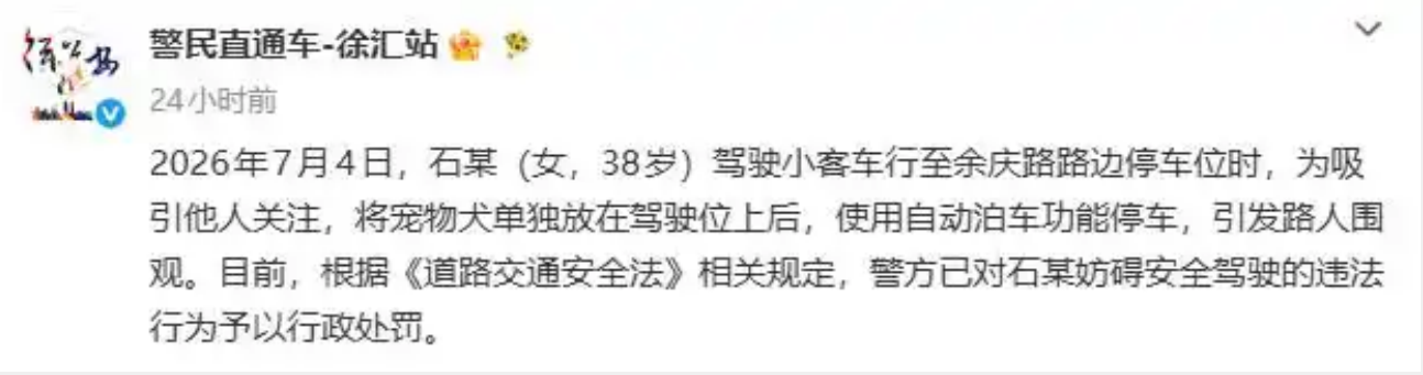 女子把狗放在驾驶座上开启自动泊车,录制视频炫耀,交警通报处罚